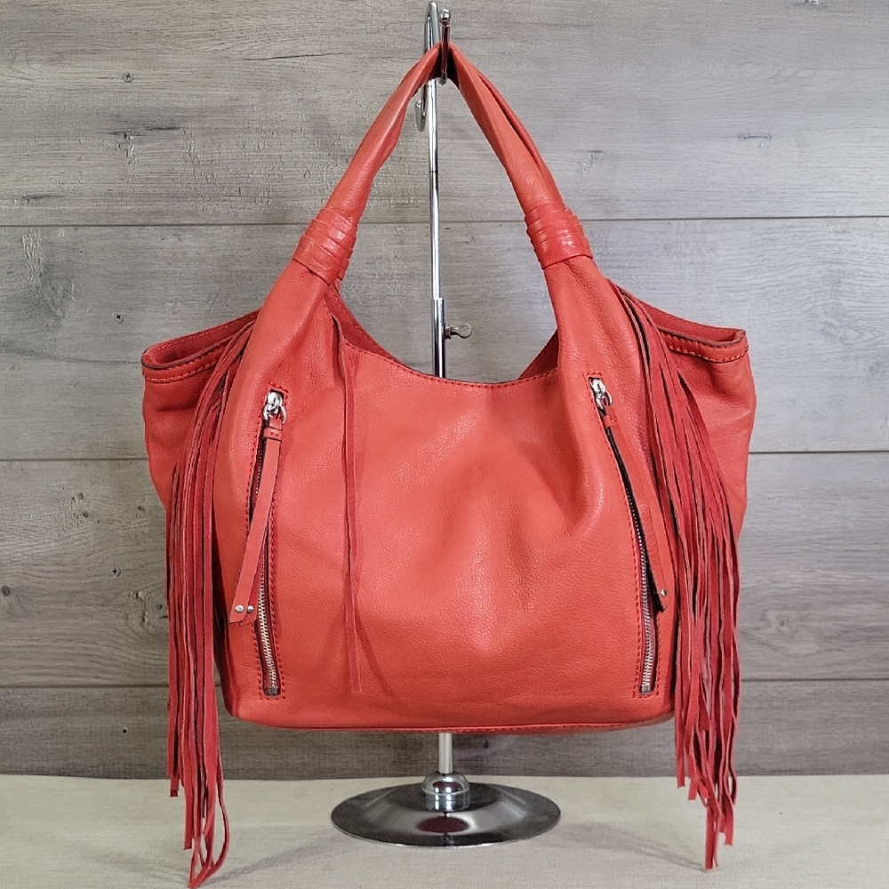 Lucky Brand Coral Red Fringe Leather Hobo Bag